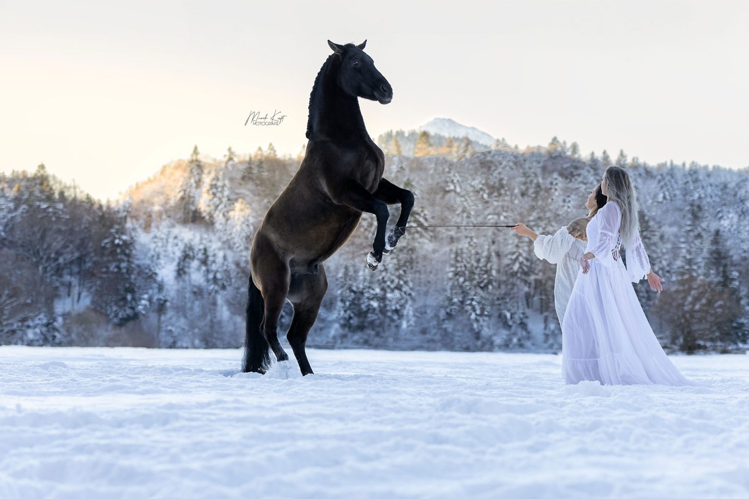 Tierfotografie Pferdefotografie Rappe Winterbild vor Bergkulisse mit zwei Frauen in weißen romantischen Gewändern